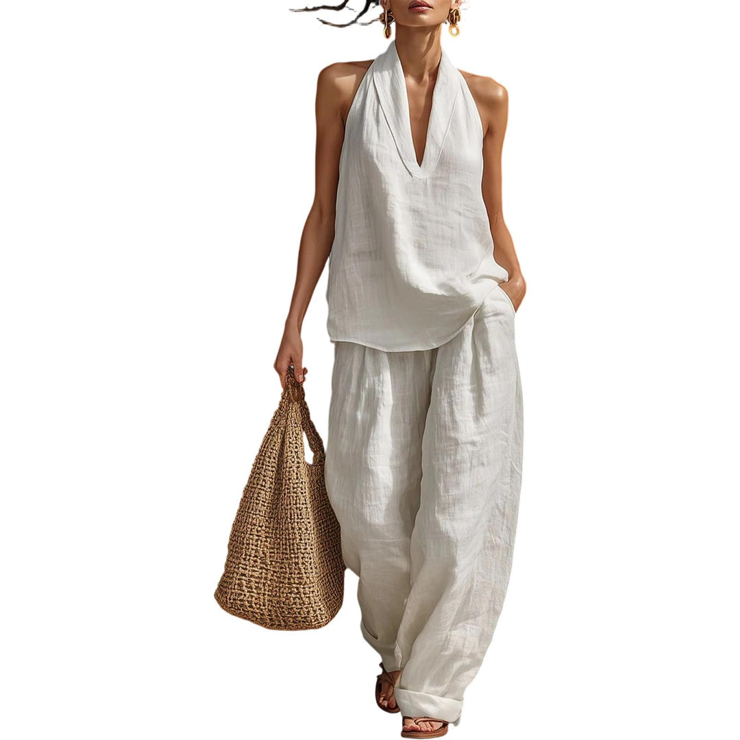 Summer Outfits for Women 2 Piece Set Deep V Neck Sleeveless Loose Fit Halter Top and Wide Leg Pants for Beach classical