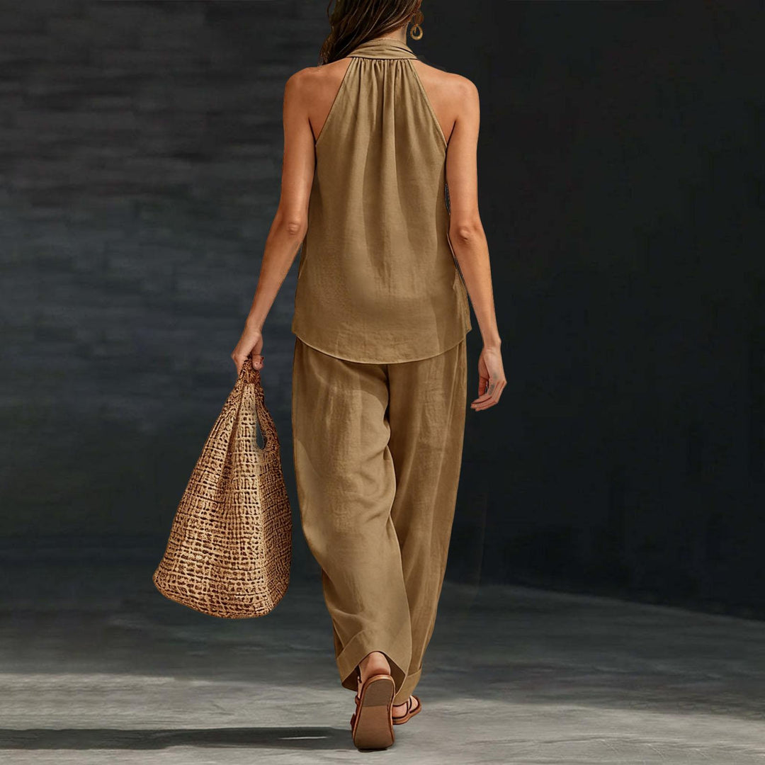 Summer Outfits for Women 2 Piece Set Deep V Neck Sleeveless Loose Fit Halter Top and Wide Leg Pants for Beach classical