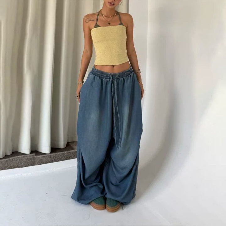 Womens Elastic Waist Jeans Low Rise Vintage Baggy Barrel Jeans Streetwear Loose Fit Denim Pants for Travel candid