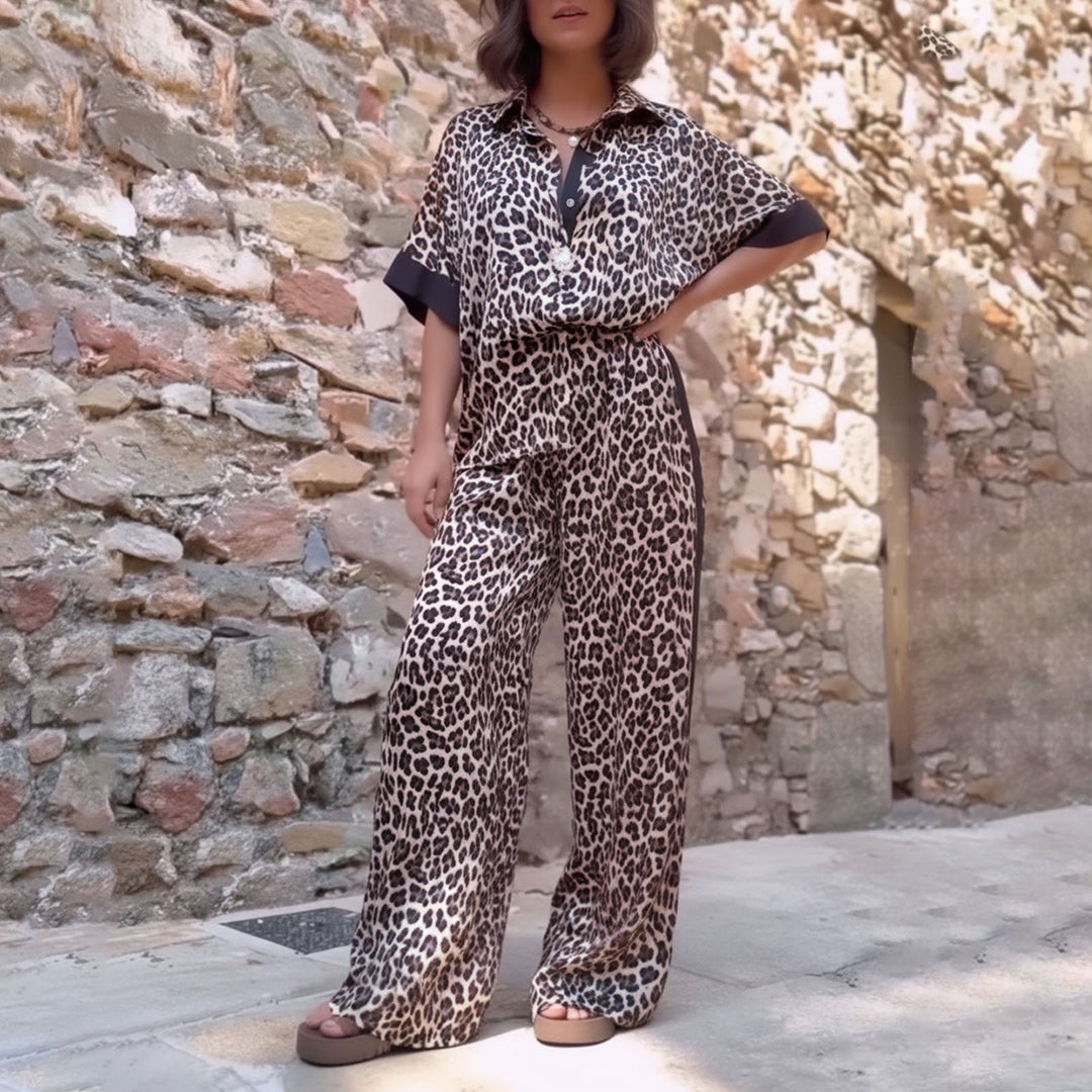 Womens Lounge Set 2 Piece Leopard Print Button Down Shirt with Palazzo Pants Going Out Outfit Streetwear fun