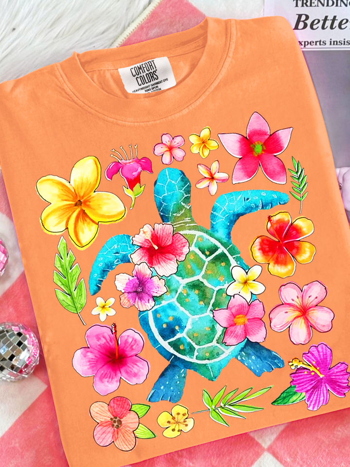 Floral Sea Turtle Summer Crew Neck T-shirt