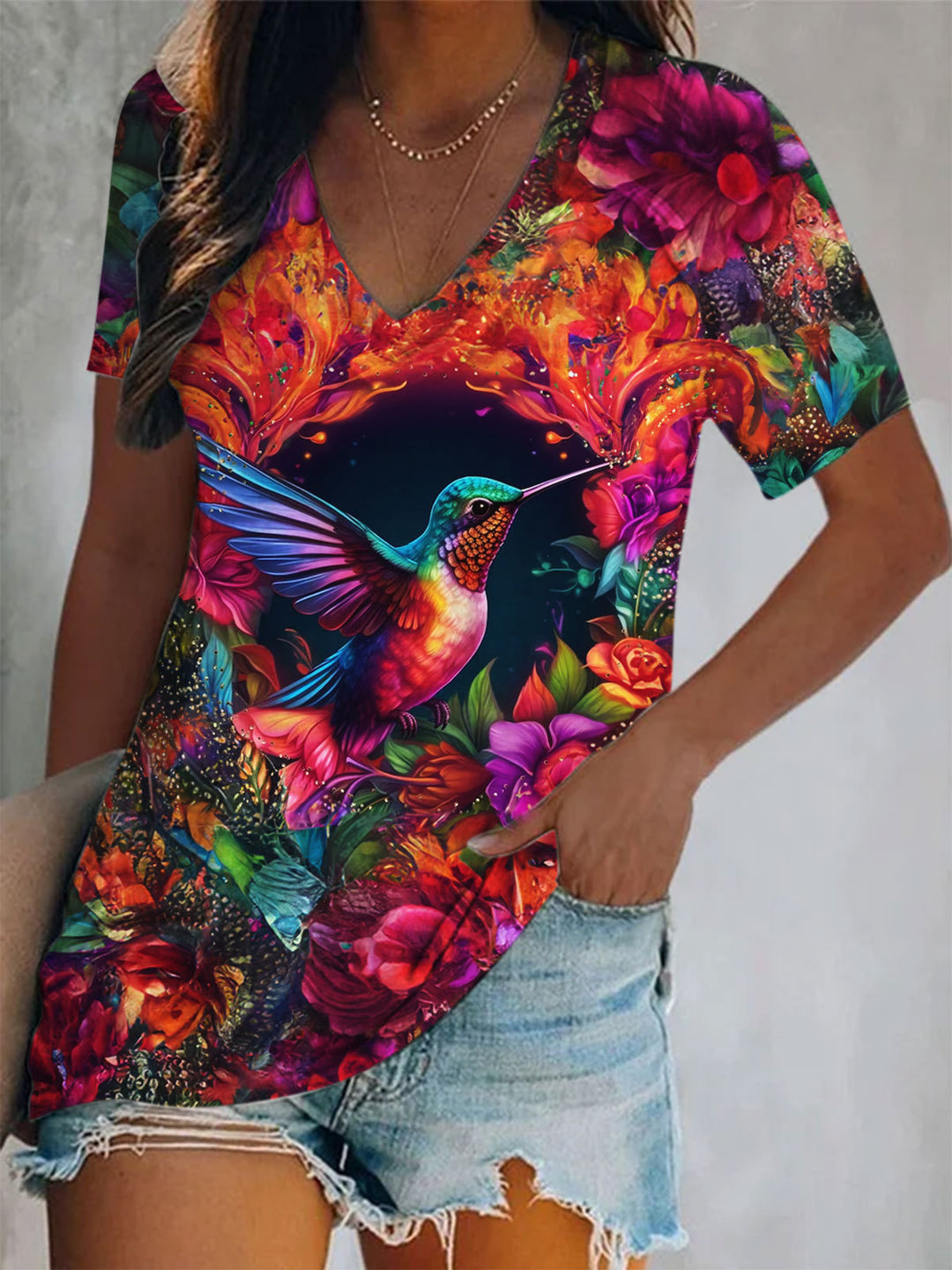 Floral Hummingbird Print V-Neck Top