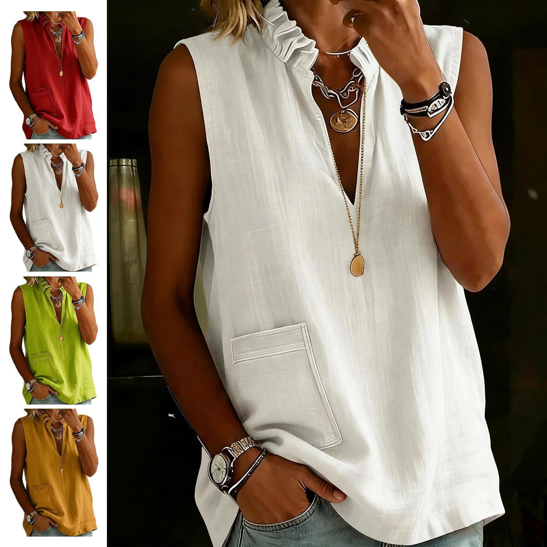 Linen Tank Tops for Women V Neck Ruffled Collar Sleeveless Shirt Summer Casual Tunic Tops for Daily Dating ordinary