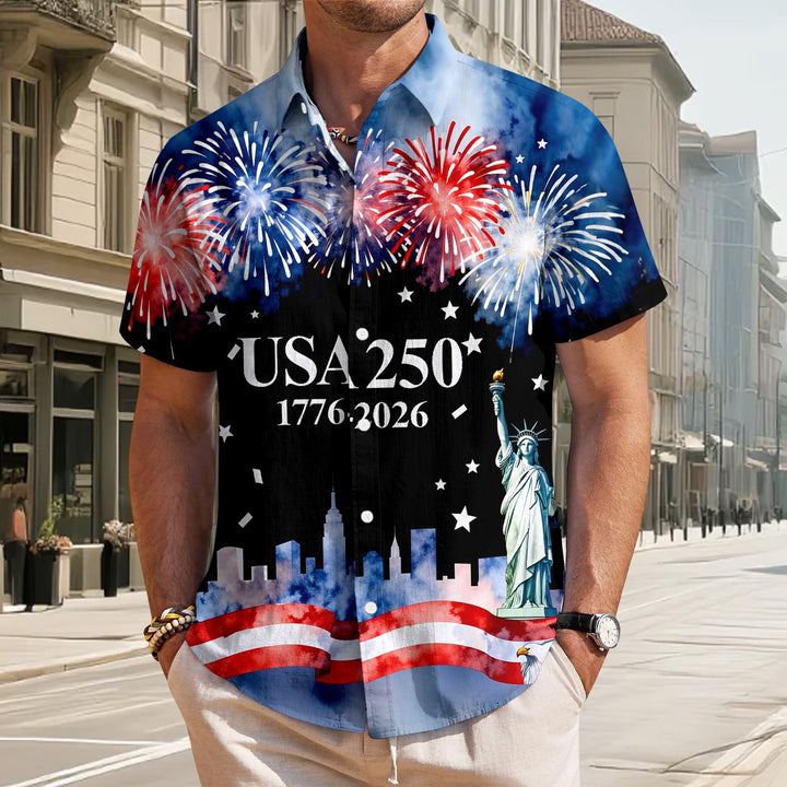 Patriotic Button Up Shirts For Men 250 Years Flag Lapel Short Sleeve Casual Trendy Hawaiian Shirts for Travel respectable