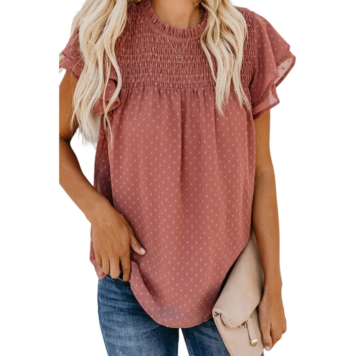 Womens Ruffle Short Sleeve Blouse Dot Smocked Crewneck Summer Flowy Chiffon Shirts Pullover Tops for Travel expedient