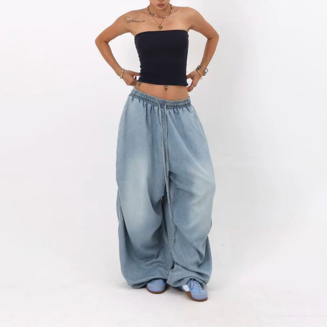 Womens Elastic Waist Jeans Low Rise Vintage Baggy Barrel Jeans Streetwear Loose Fit Denim Pants for Travel candid