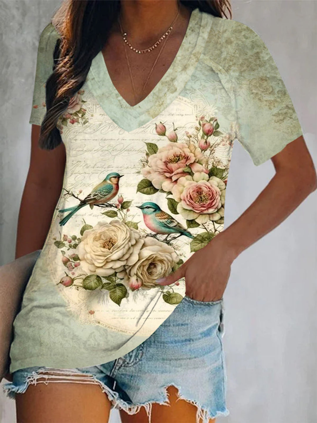 Vintage Floral Birds Short Sleeve V Neck Print Top