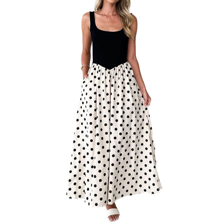 Sleeveless Maxi Dress for Women Dot Scoop Neck Summer Sleeveless Boho A Line Flowy Maxi Tank Dress for Travel everywhere