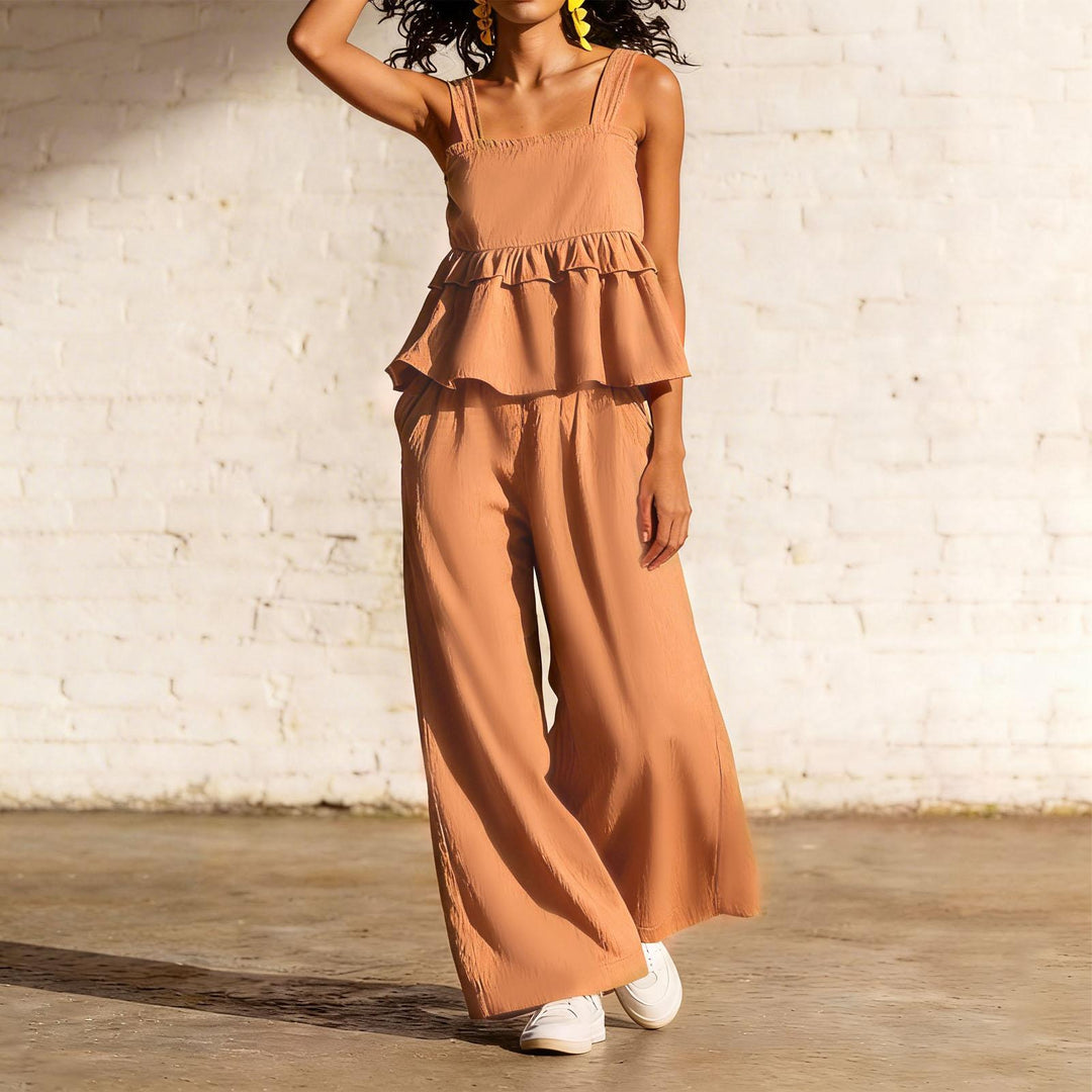 2 Piece Summer Sets for Women Ruffle Casual Summer Sleeveless Peplum Top and Wide Leg Pants Sets for Leisure workable