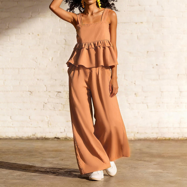 2 Piece Summer Sets for Women Ruffle Casual Summer Sleeveless Peplum Top and Wide Leg Pants Sets for Leisure workable