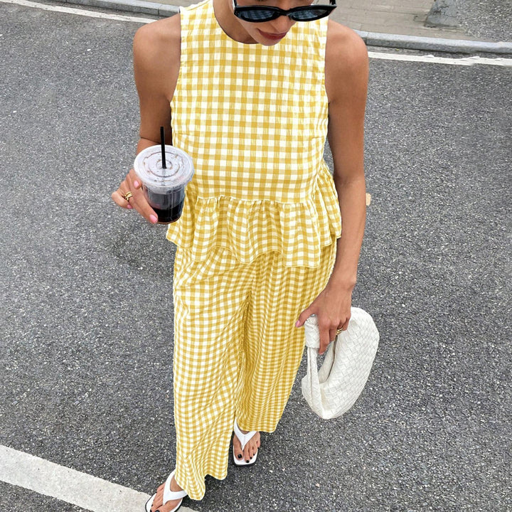 Womens Gingham Set Ruffle Plaid Peplum Tops and Pants Summer Vacation Going Out Sets for Daily Wear Beach admired
