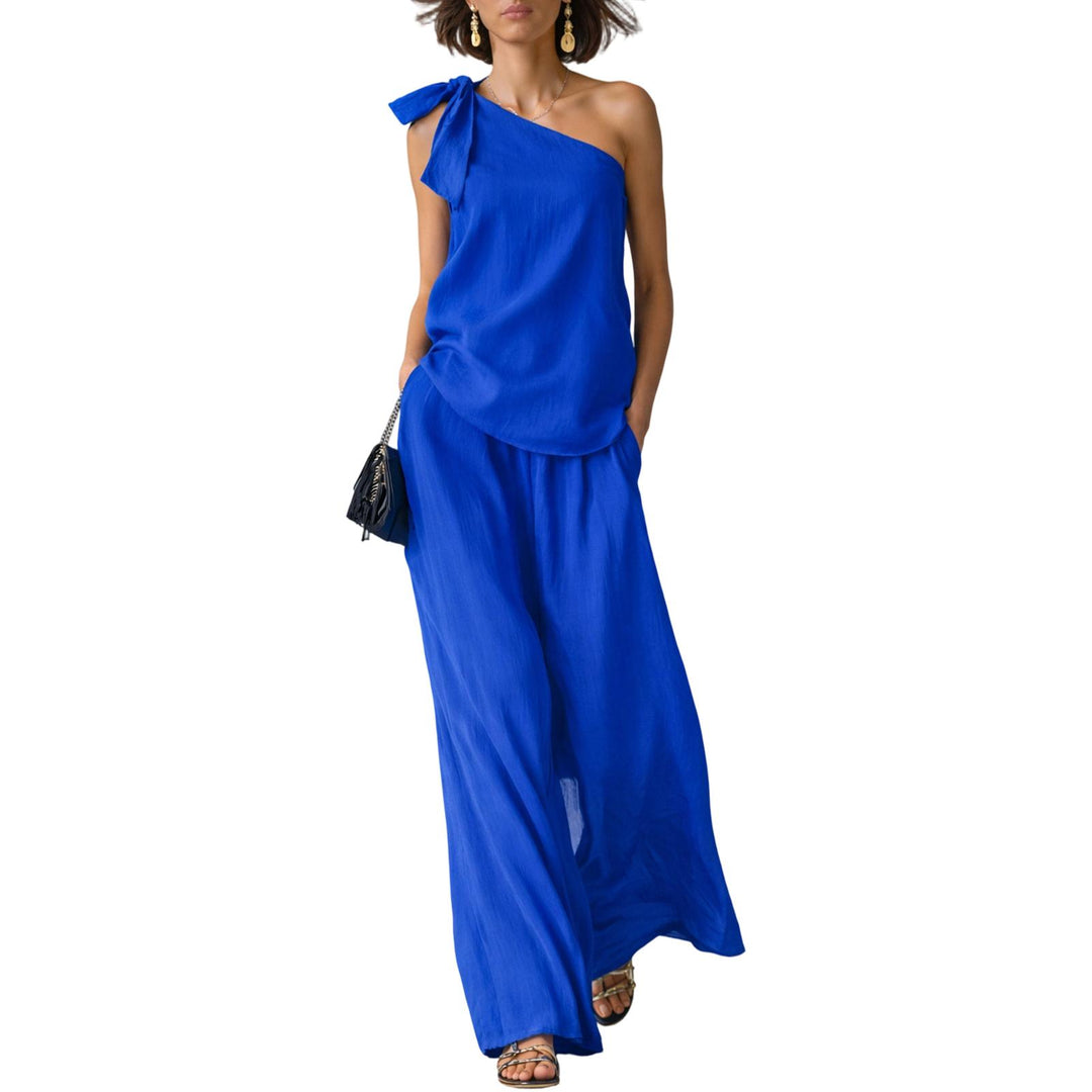 Summer Outfits for Women 2 Piece Set Off Shoulder Asymmetrical Neck Tank Tops Wide Leg Pants Set for Travel refined