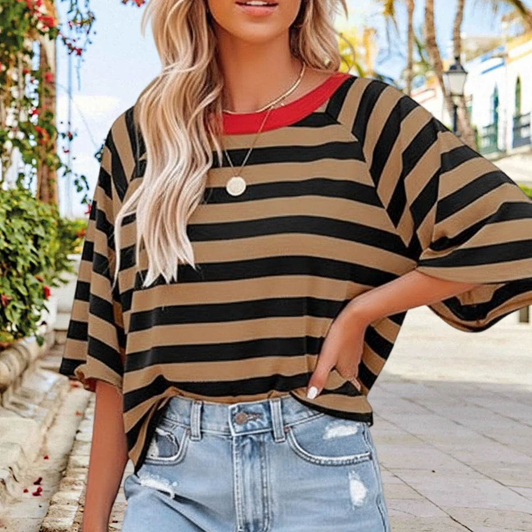 Striped Shirt Women Crew Neck Fashion Casual T Shirts Loose Fit Basic Tops for Travel Going Out Commuting approving