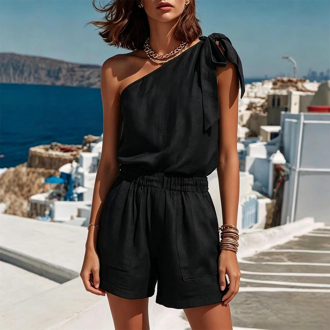 2 Piece Summer Outfits for Women Asymmetrical Shoulder Summer Sleeveless Blouse and Shorts for Daily Wear smart