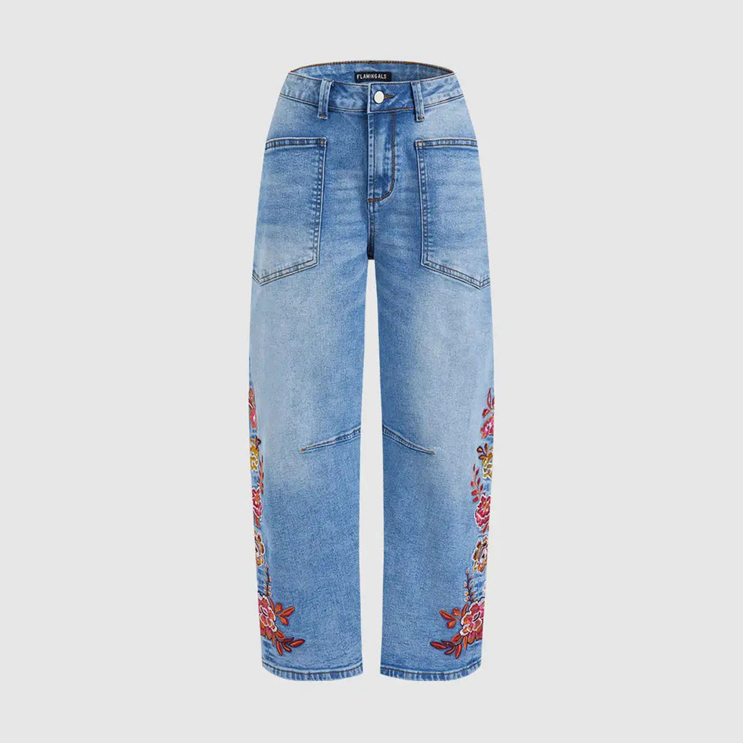 Cropped Jeans for Women Floral Embroidered Casual Summer Straight Leg Jeans Mid Rise Denim Pants for Travel thrifty