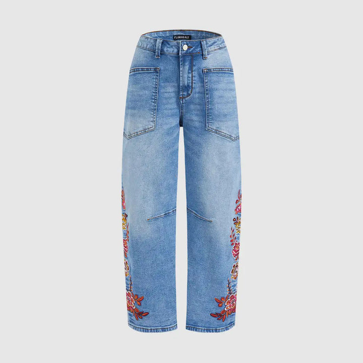 Cropped Jeans for Women Floral Embroidered Casual Summer Straight Leg Jeans Mid Rise Denim Pants for Travel thrifty