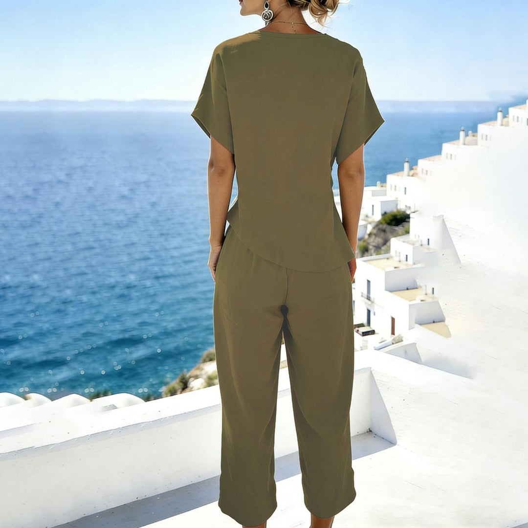 2 Piece Summer Sets for Women Wrap V Neck Side Twist Short Sleeve Solid Top Lounge Pants Outfits for Travel efficient