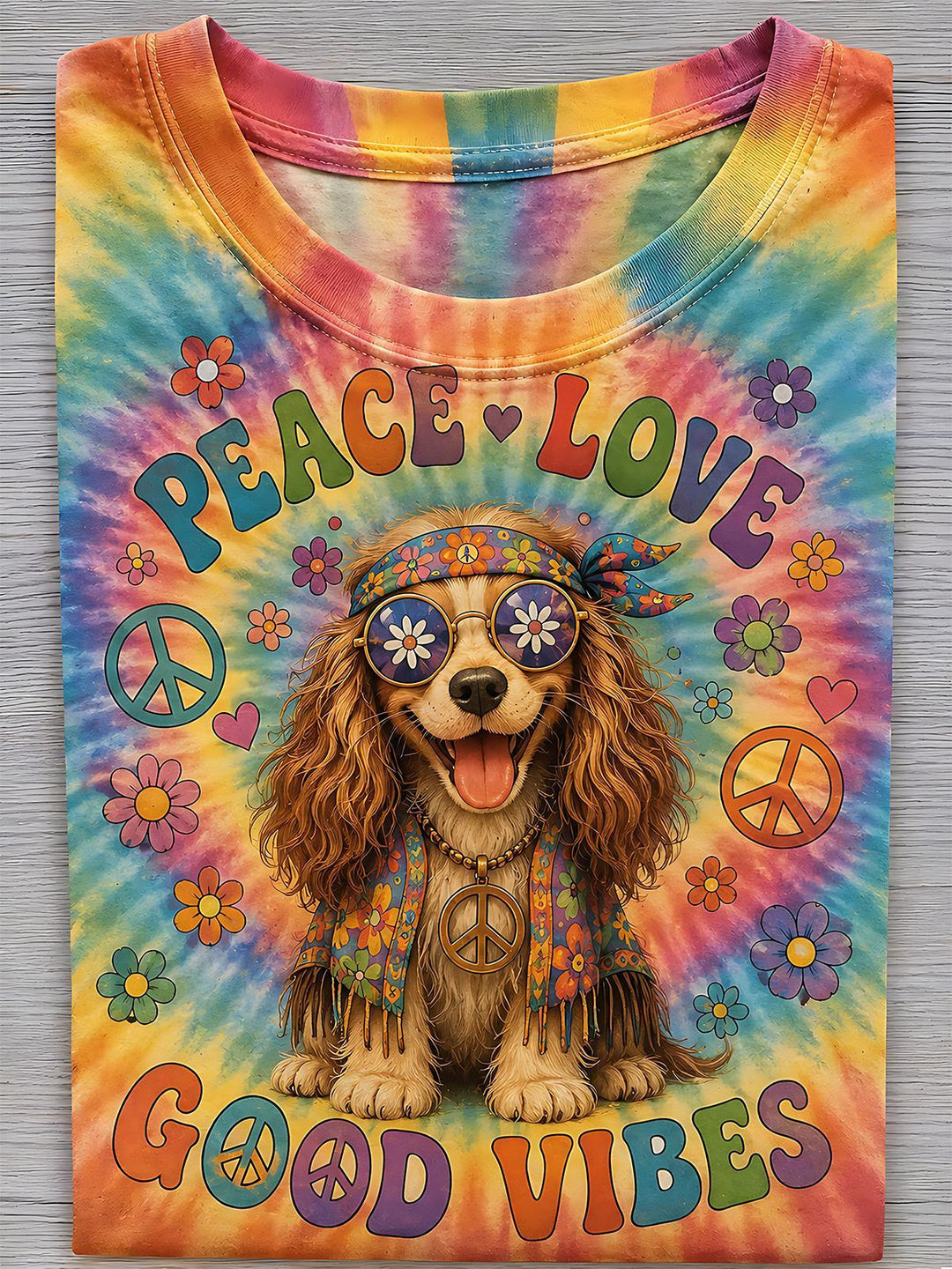 Hippie Colorful Tie-Dye Peace Love Dog Women's Short Sleeve Crew Neck T-shirt