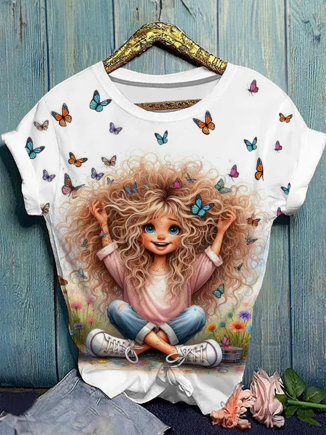 Butterfly Funny Girl Crew Neck T-shirt