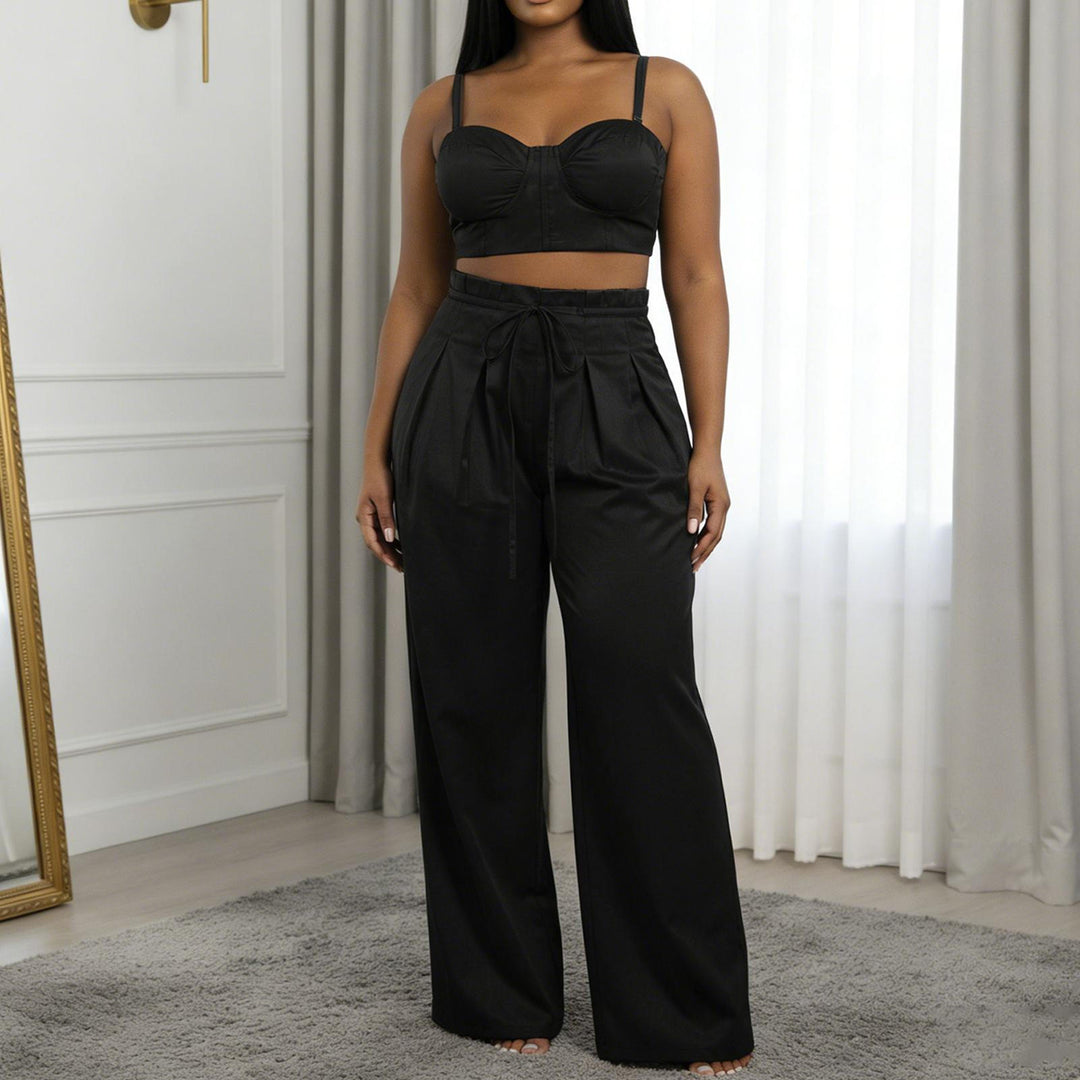 Women's 2 Piece Sets Sleeveless Crop Bustier Tops Wide Leg Casual Trousers with Drawstring for Streetwear premium