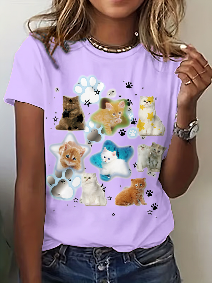 Funny Retro Cute Cat Art Crew Neck T-shirt