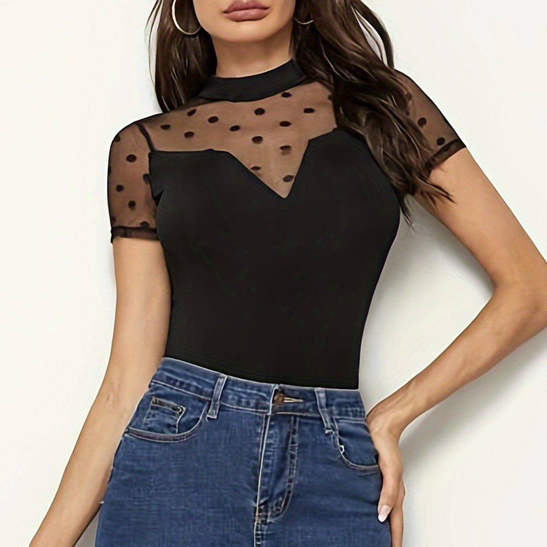 Mesh T Shirt Women Sheer Mesh Club Mock Neck T Shirts Sexy Fitted Tops Short Sleeve for Going Out Party Club impart