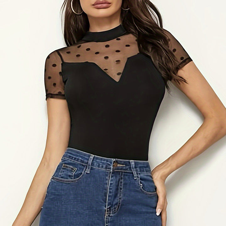 Mesh T Shirt Women Sheer Mesh Club Mock Neck T Shirts Sexy Fitted Tops Short Sleeve for Going Out Party Club impart