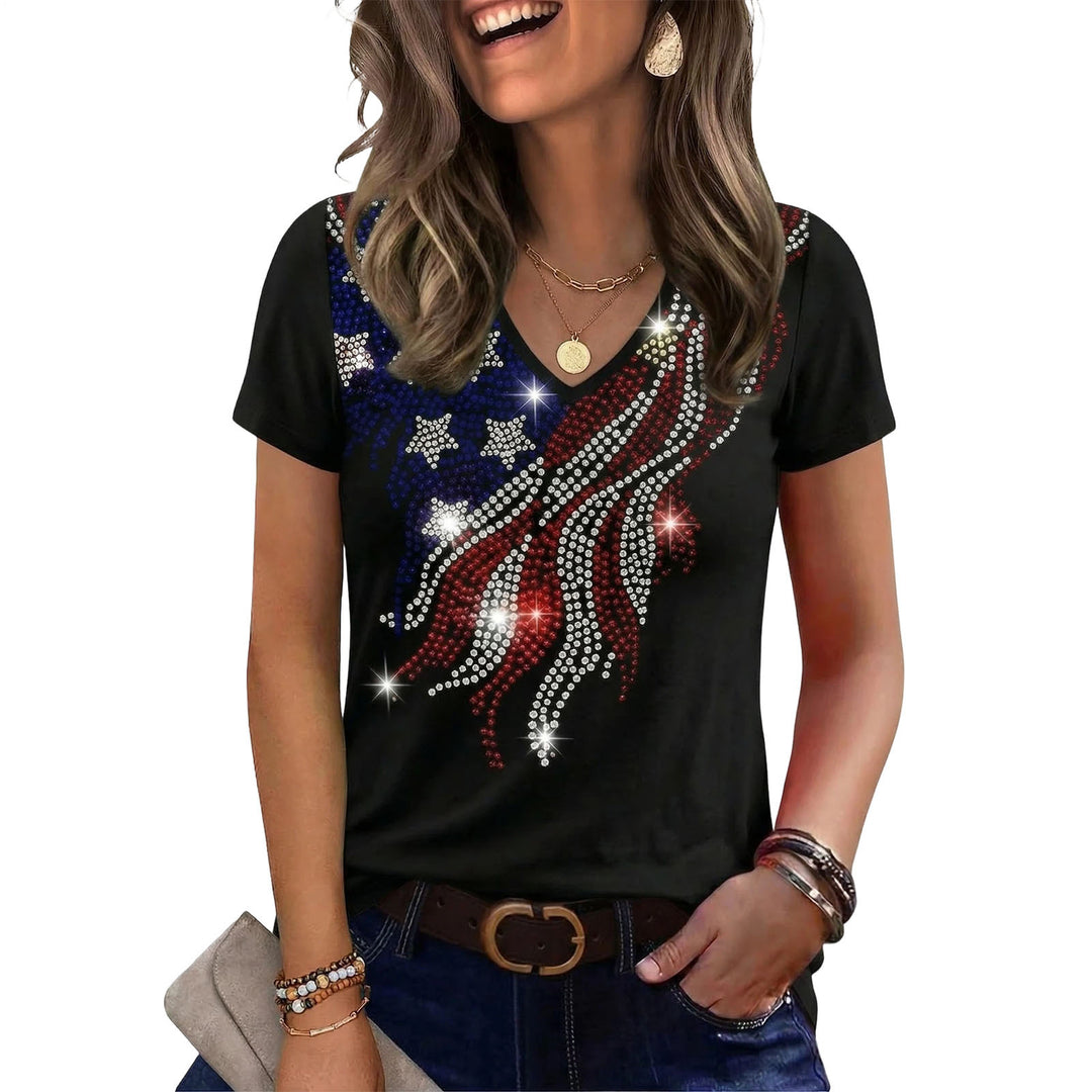 July 4th Shirts for Women Rhinestone V Neck 4th of July T Shirts 250th Birthday Patriotic Flag Tees for Daily well-liked