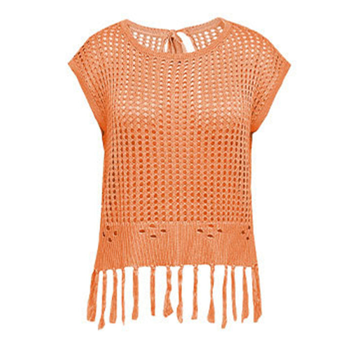 Crochet Tops for Women Tassel Hollow Out Summer Knit Top Crewneck Short Sleeve Pullover Cover Up for Travel usefulness