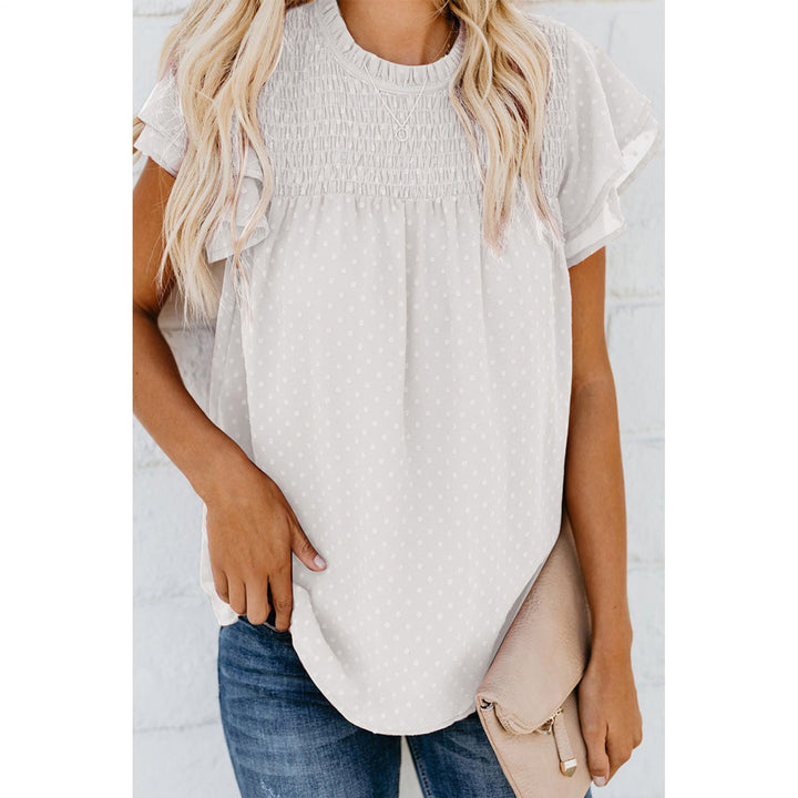 Womens Ruffle Short Sleeve Blouse Dot Smocked Crewneck Summer Flowy Chiffon Shirts Pullover Tops for Travel expedient
