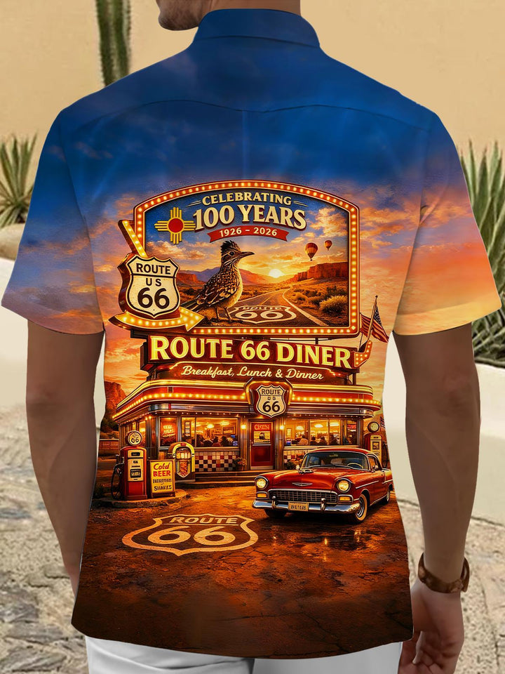 Retro Route 66 Diner Men's Pocket Short Sleeve Shirts
