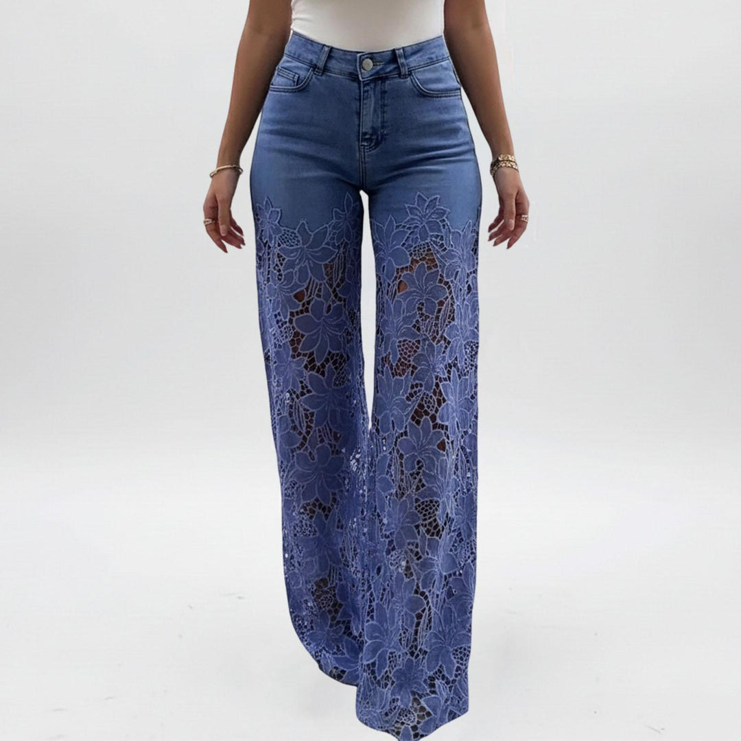 Lace Jeans for Women Hollow Lace Spliced High Waisted Fashion Jeans Loose Fit Denim Pants for Daily Wear exceptional