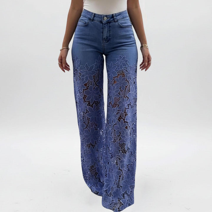 Lace Jeans for Women Hollow Lace Spliced High Waisted Fashion Jeans Loose Fit Denim Pants for Daily Wear exceptional
