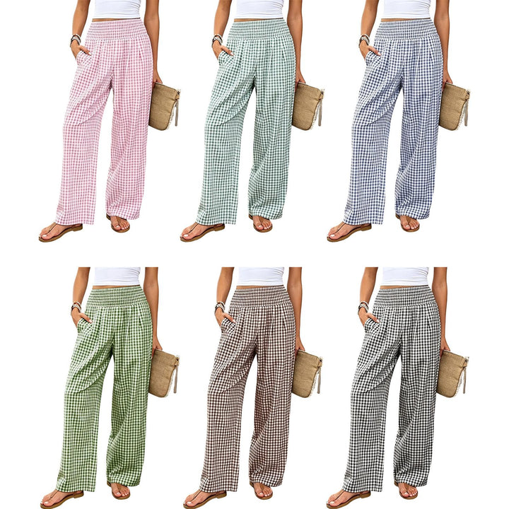 Women Gingham Pants Smocked Waist Plaid Pajama Lounge Pants Wide Leg Trousers with Pocket for Daily Wear gently