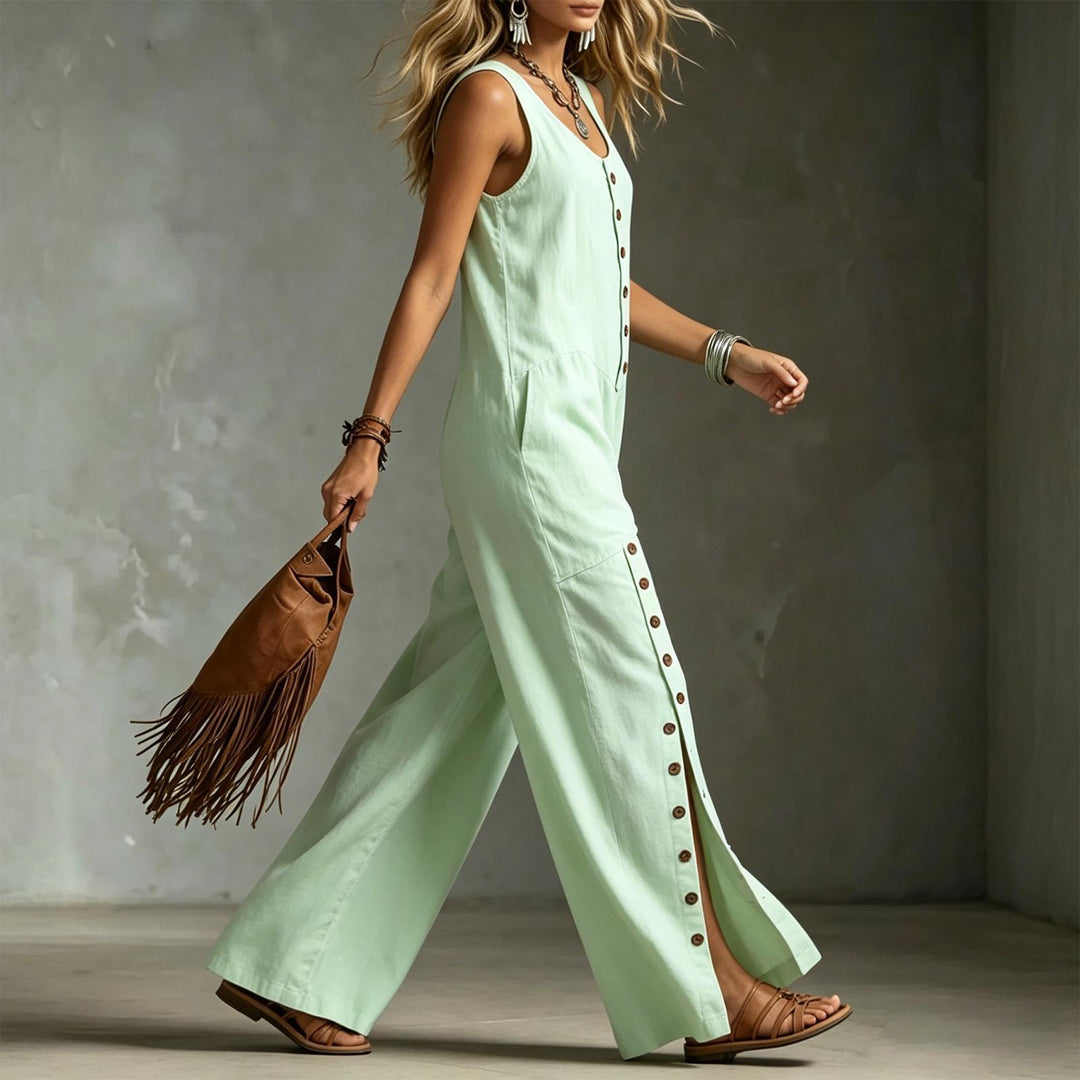 Button Down Jumpsuit for Women Button Up Wide Legs Pants Fashion Sleeveless Overall with Pockets for Beach beautiful