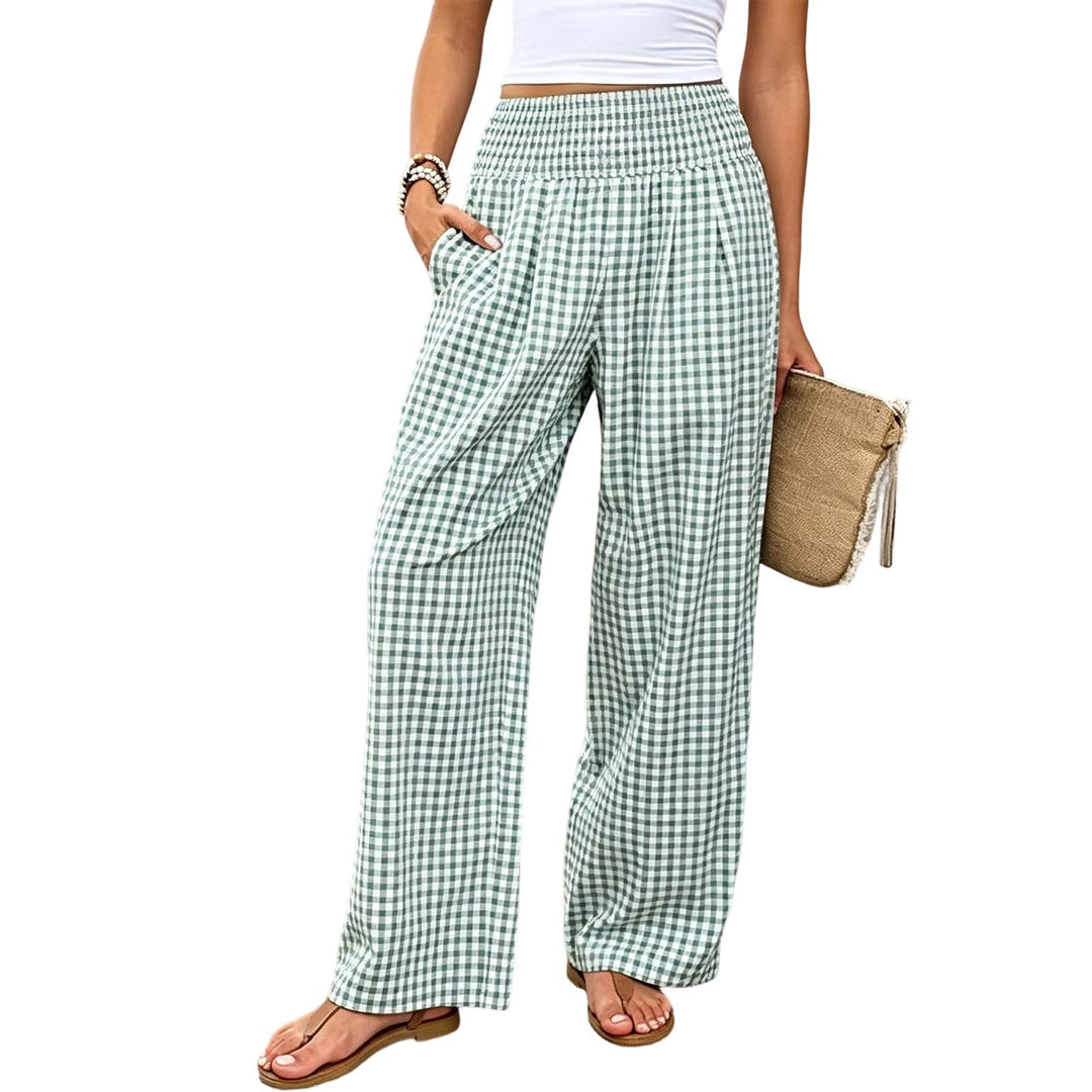 Women Gingham Pants Smocked Waist Plaid Pajama Lounge Pants Wide Leg Trousers with Pocket for Daily Wear gently