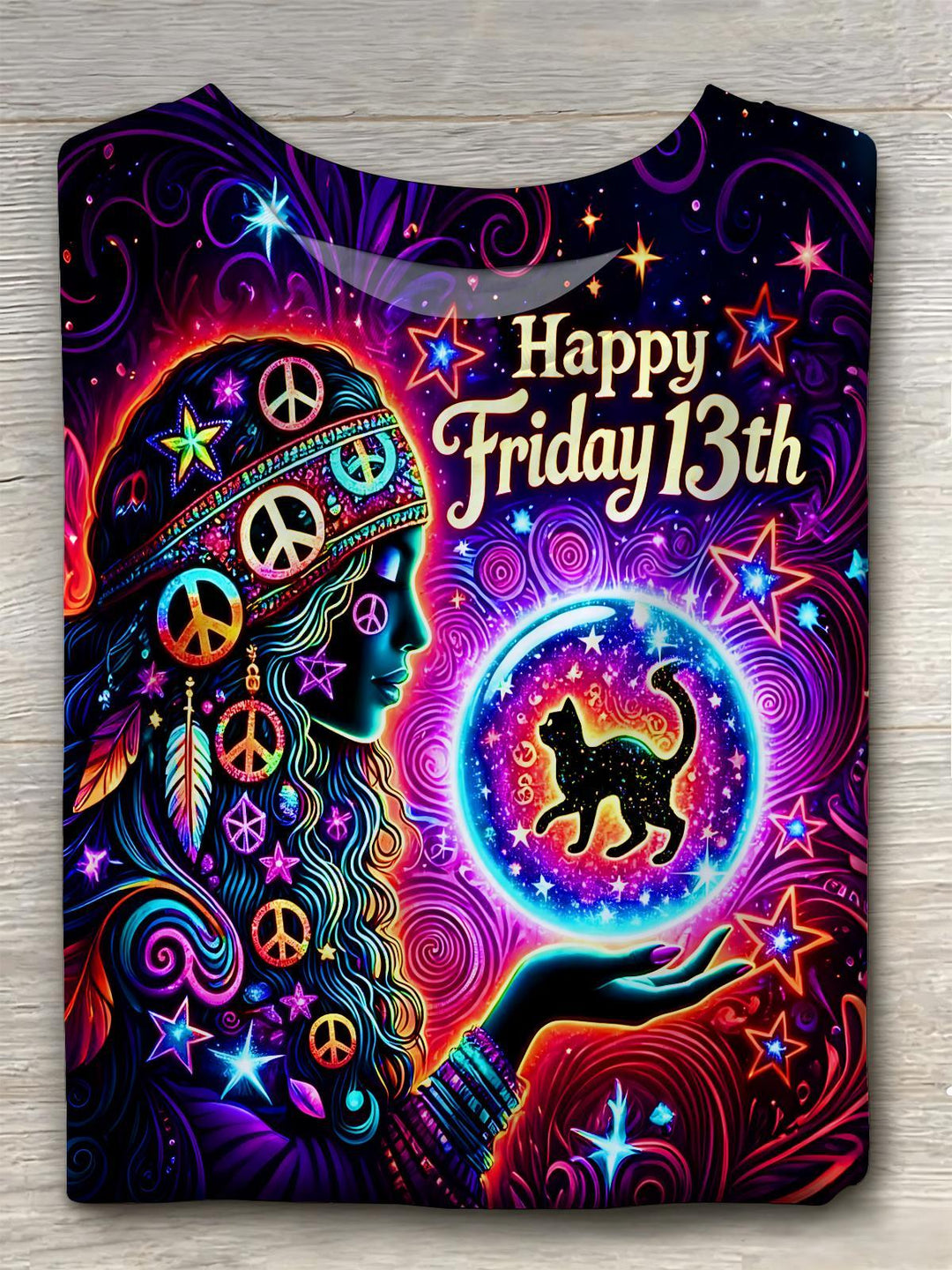 Black Friday Hippie Witch Cat Women's Short Sleeve Crew Neck T-shirt