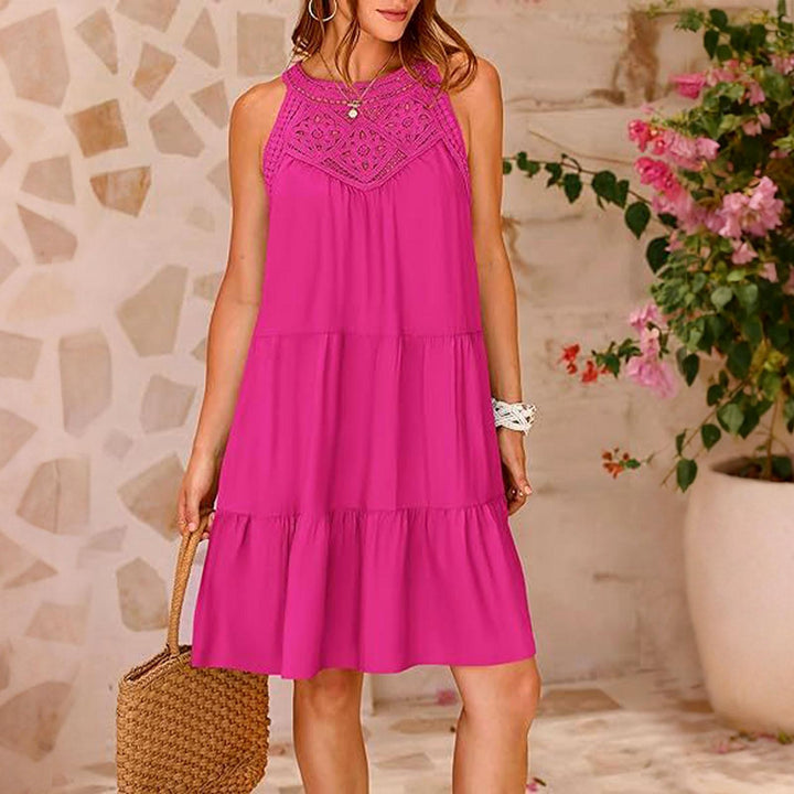 Halter Neck Mini Dress Hollow Out Loose Sleeveless Swing Dresses Summer A Line Sundresses for Daily Wear skilful