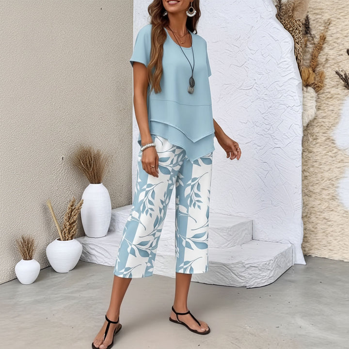 2 Piece Sets for Women Summer Crewneck Short Sleeve Shirts and Wide Leg Capri Pants Lounge Outfit for Travel gently