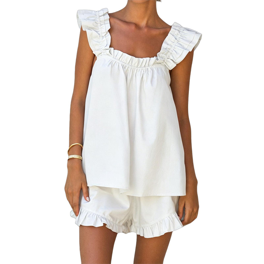 Shorts and Tank Pajama Set Ruffle Square Neck Sexy Sleeveless Loungewear Sleepwear Pj Set for Travel Home right