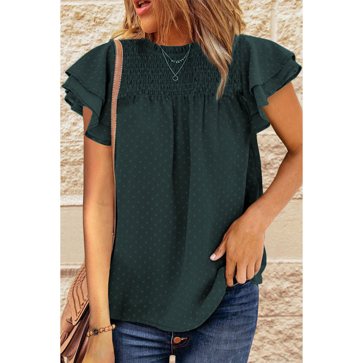 Womens Ruffle Short Sleeve Blouse Dot Smocked Crewneck Summer Flowy Chiffon Shirts Pullover Tops for Travel expedient