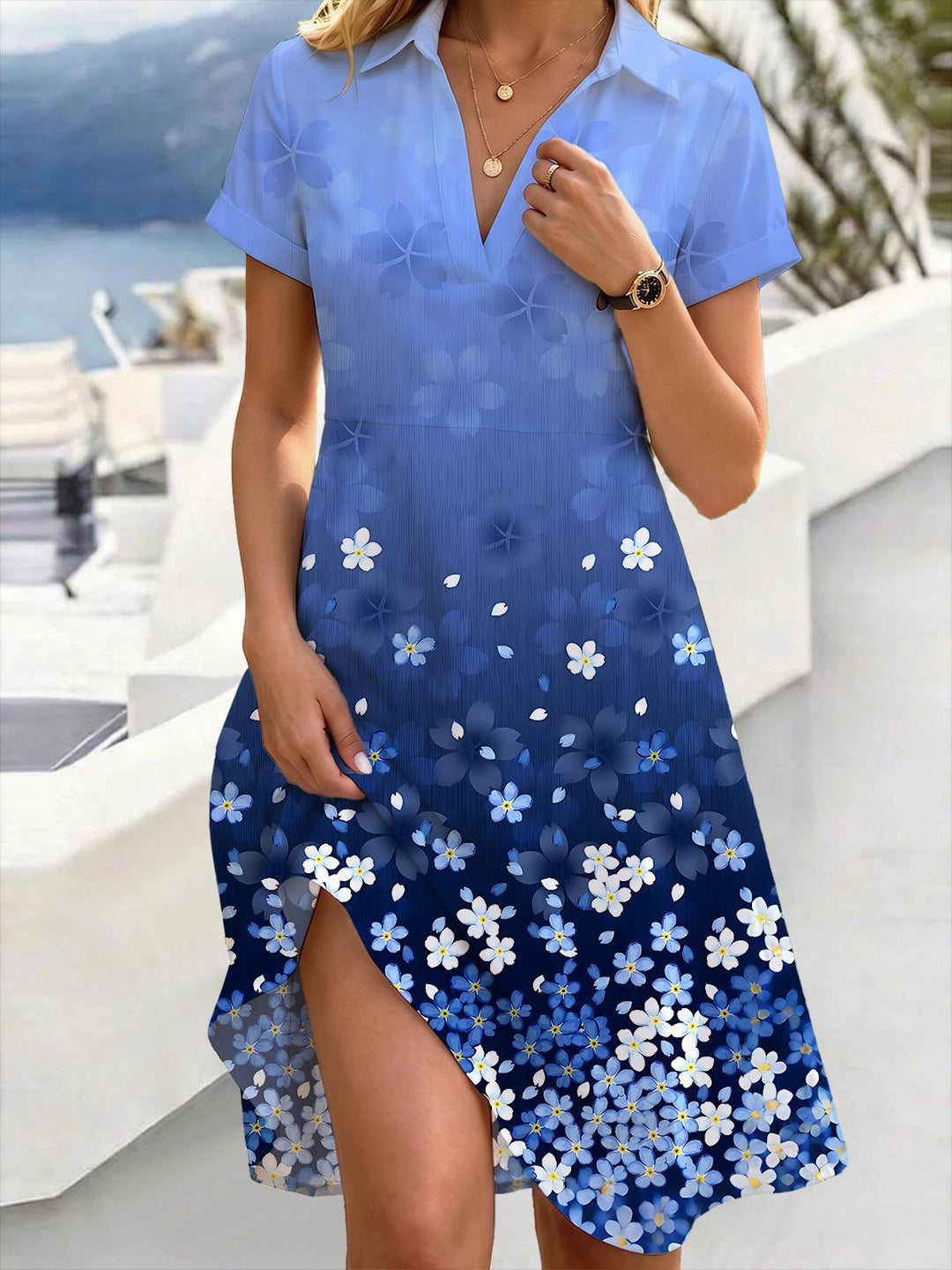 Floral Women's Short Sleeve Shirt Collar Dress