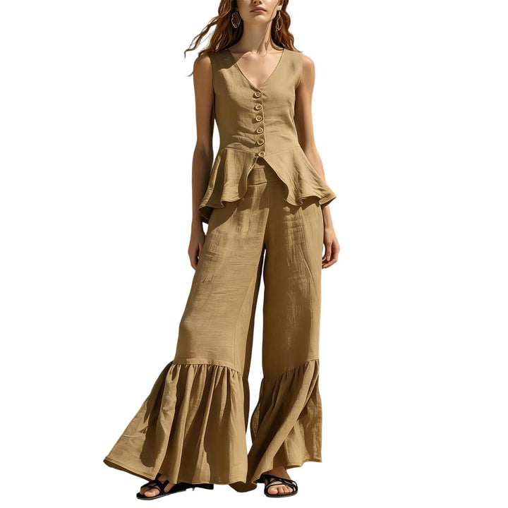 Women Two Piece Outfits Sets V Neck Sleeveless Peplum Top and Ruffle Flare Leg Pants Set for Dating Travel astonishing