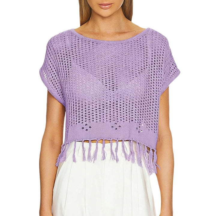Crochet Tops for Women Tassel Hollow Out Summer Knit Top Crewneck Short Sleeve Pullover Cover Up for Travel usefulness