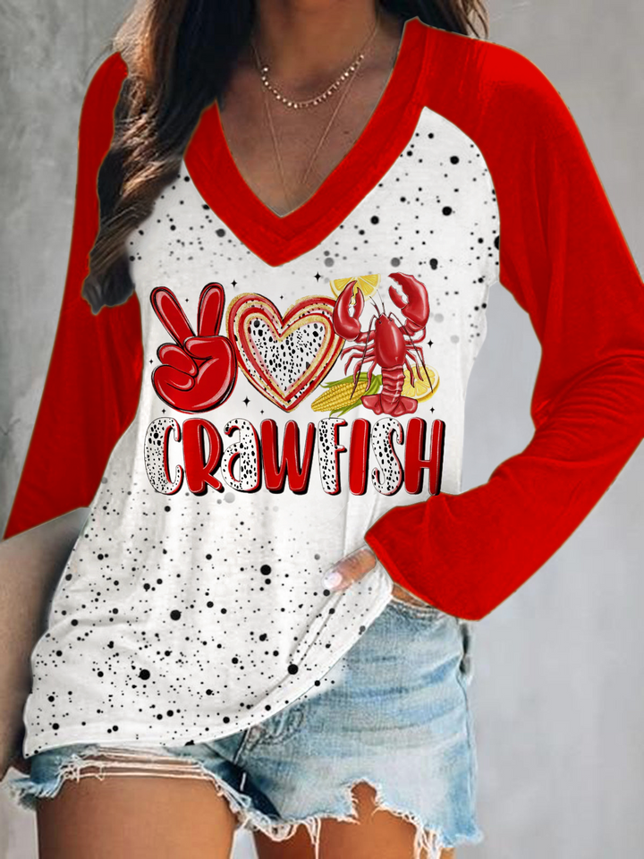 Peace Love Crawfish Print V-Neck Long Sleeve Top