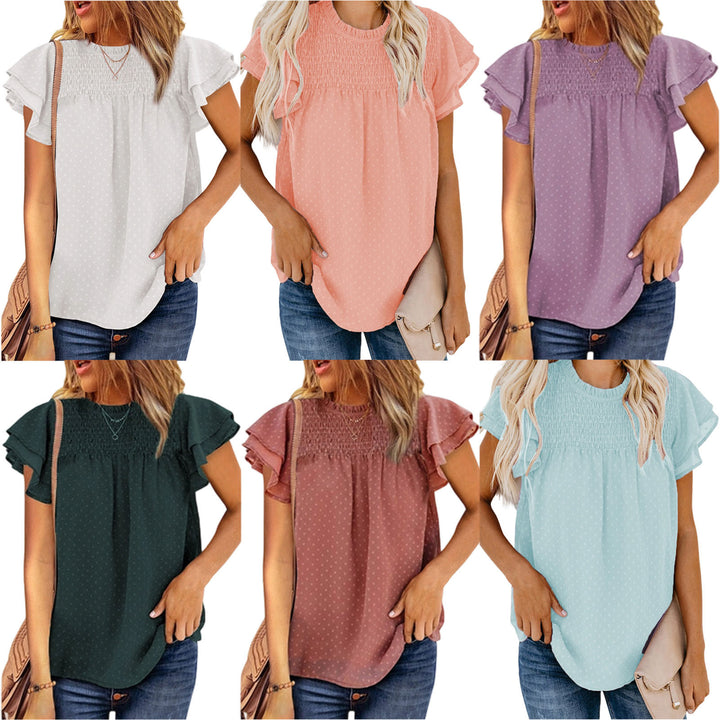 Womens Ruffle Short Sleeve Blouse Dot Smocked Crewneck Summer Flowy Chiffon Shirts Pullover Tops for Travel expedient