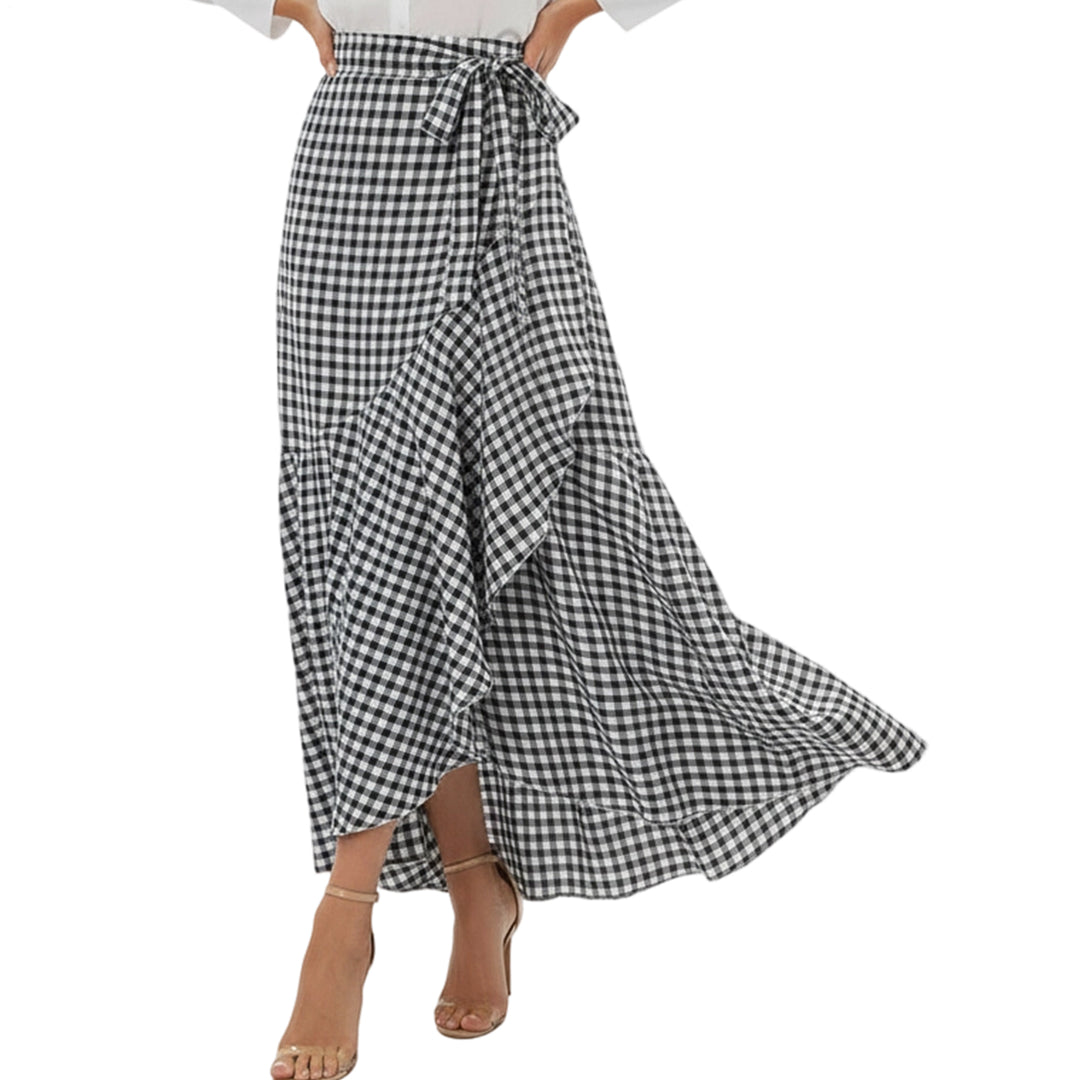 Long Plaid Skirt Mermaid A Line Women High Waist Flowy Ruffle High Low Skirts Waist Tie Clothes Daily Wear capable