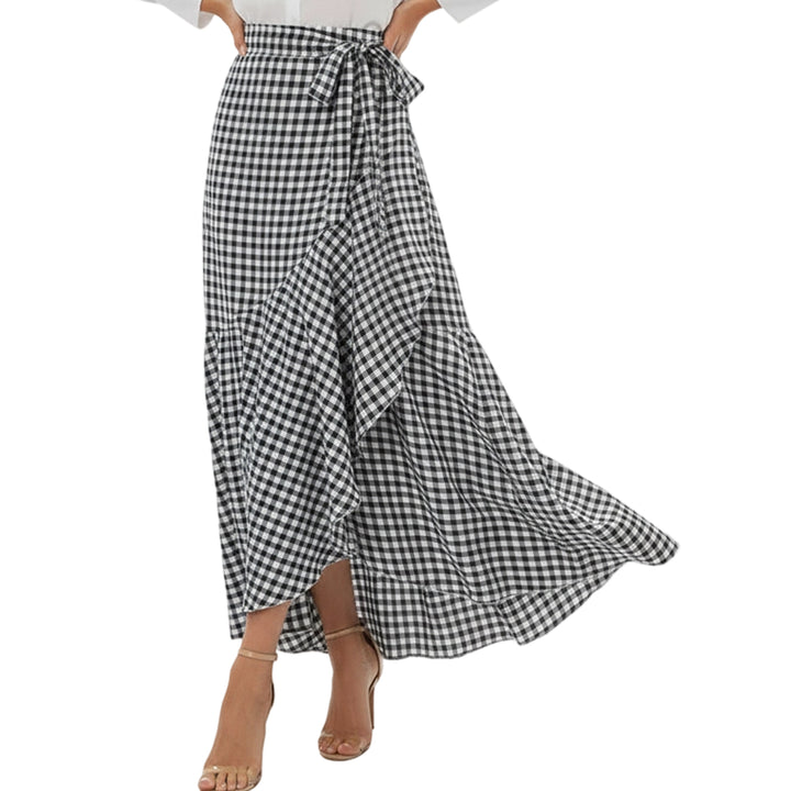 Long Plaid Skirt Mermaid A Line Women High Waist Flowy Ruffle High Low Skirts Waist Tie Clothes Daily Wear capable
