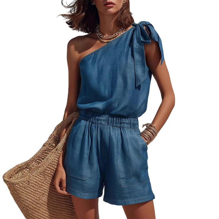 2 Piece Summer Outfits for Women Asymmetrical Shoulder Summer Sleeveless Blouse and Shorts for Daily Wear smart