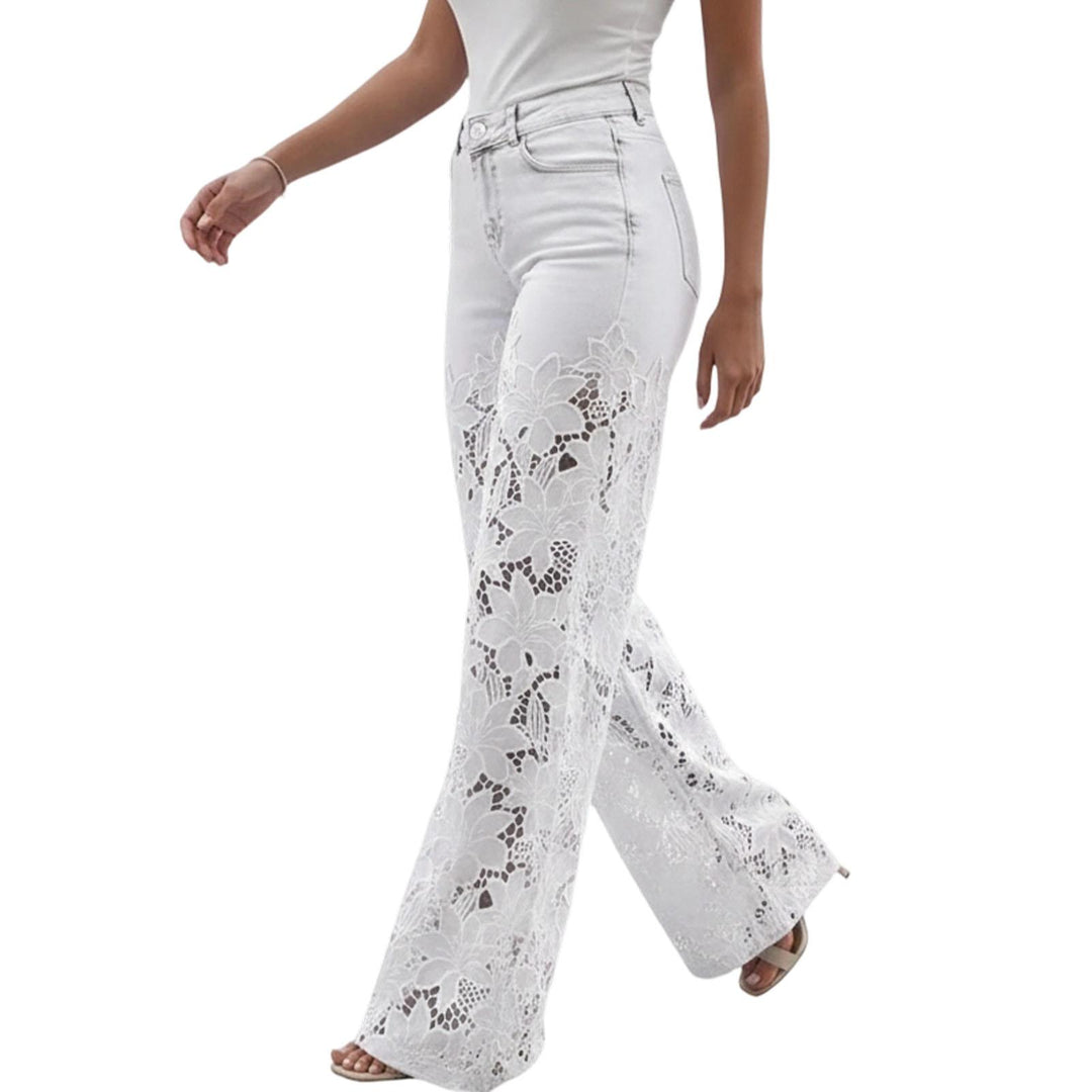 Lace Jeans for Women Hollow Lace Spliced High Waisted Fashion Jeans Loose Fit Denim Pants for Daily Wear exceptional